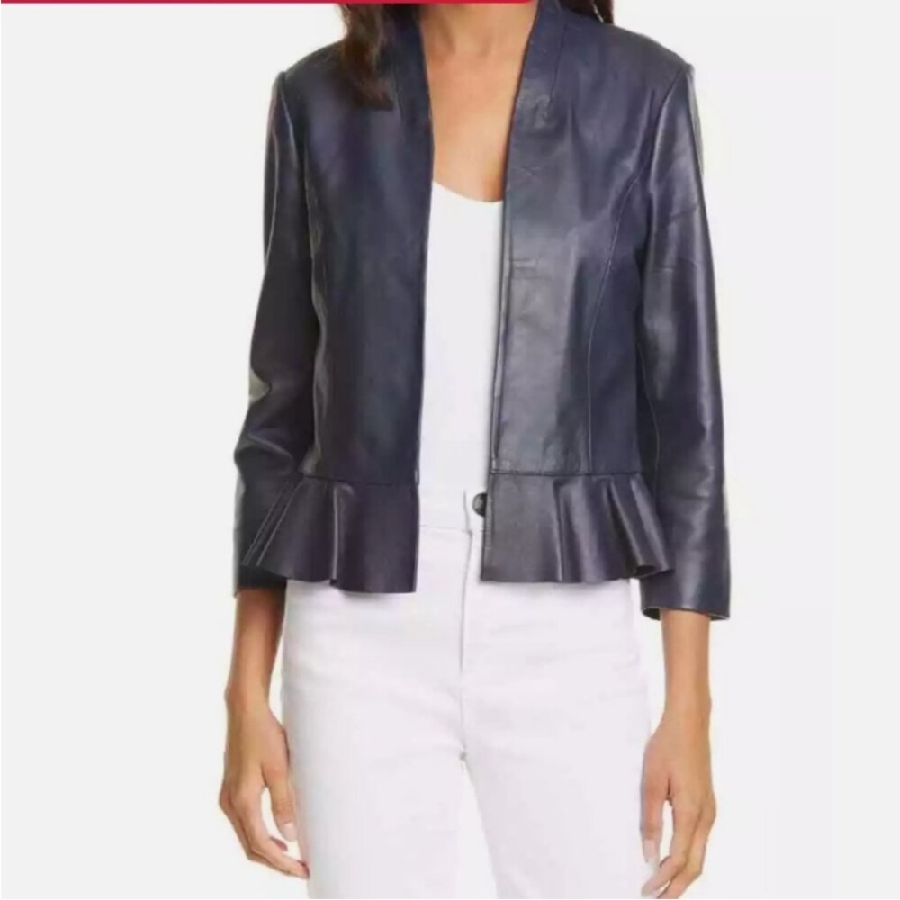 Ted Baker Leather Blazer Jacket Peplum Waist 3/4 Sleeve Navy Size 2 Like New